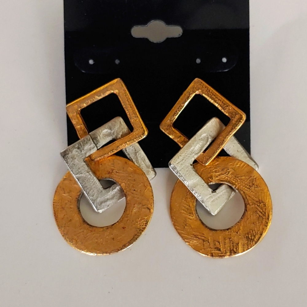 Brass and silver geometric hanging earrings